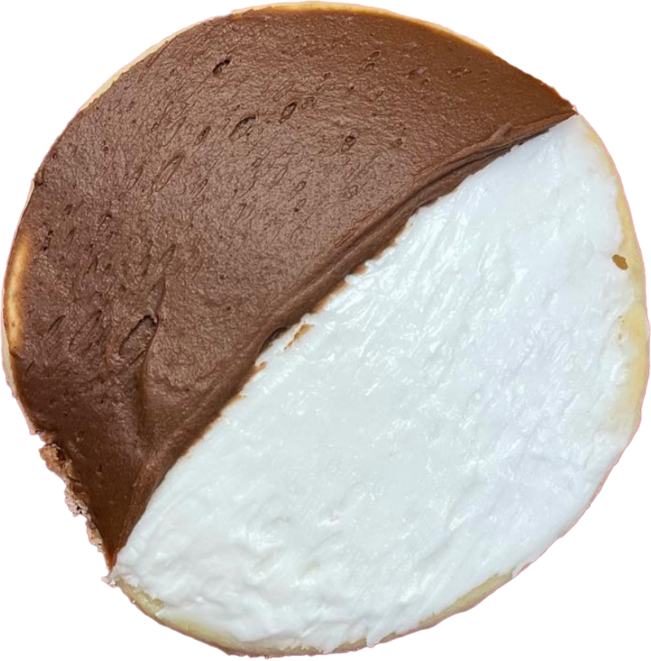 half moon cookie with chocolate and vanilla frosting