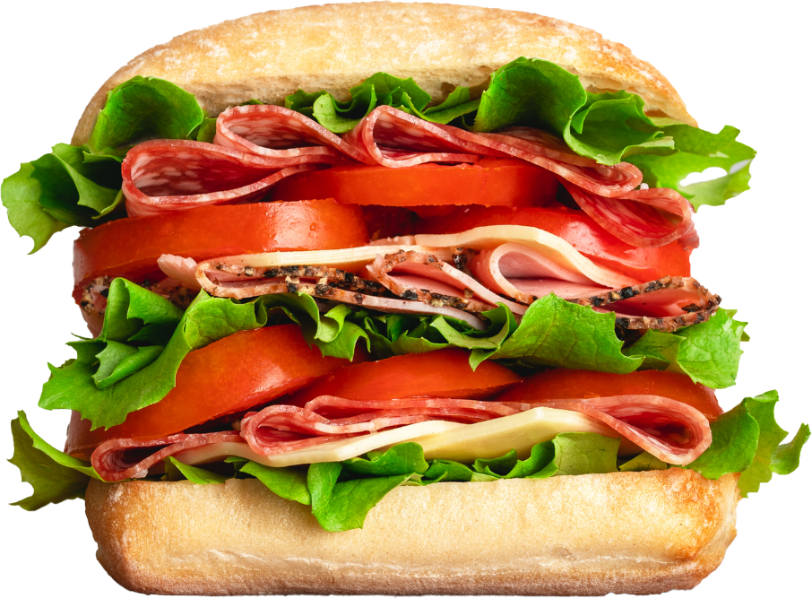 sandwich in soft baked roll with various deli meats and cheeses